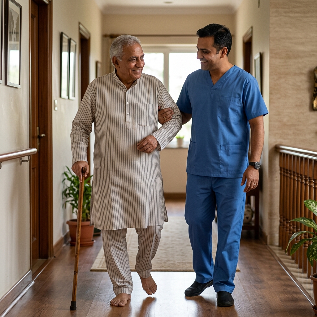 Senior Indian Patient and Physiotherapist Clinical Support